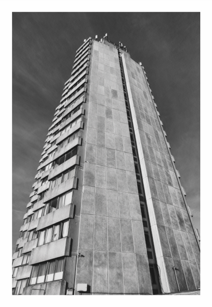 Tall tower block with a grid-like pattern on a cloudy sky background, black and white brutalist high-rise print in minimalist living room, towering concrete grid facade on gray wall, moody urban architecture photography, 