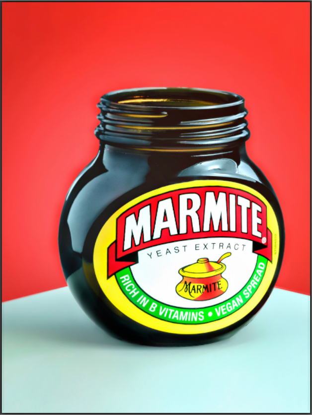 Main image Marmite, Marmite print, bold stylised modern art,  food photography with high contrast, fine art modern decor, minimalist wall art