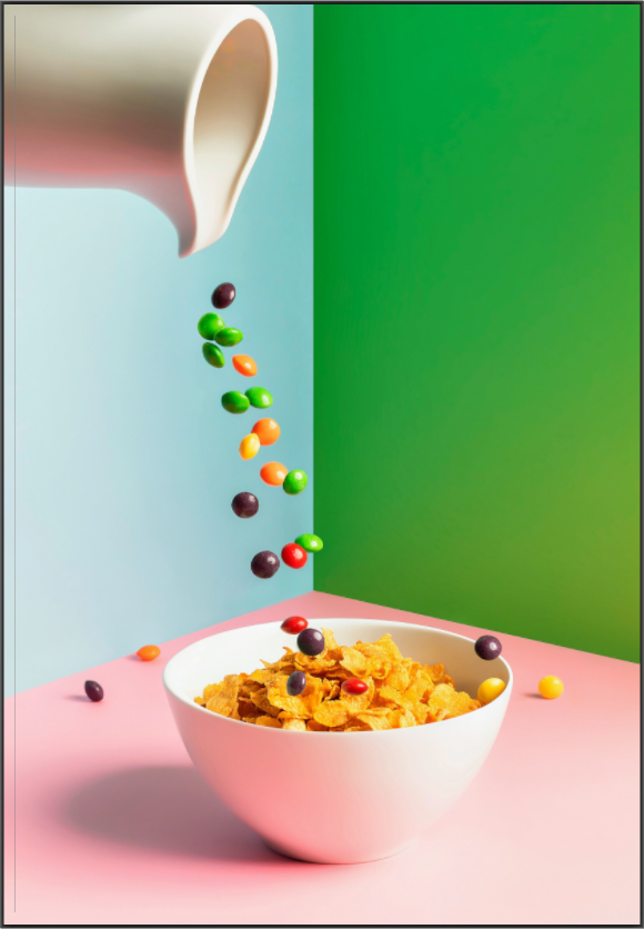 Main image Taste the rainbow, taste the rainbow satirical food print, colorful Skittles pouring over Cornflakes bowl, vibrant candy cascade in reds blues greens, ironic unhealthy indulgences artwork, modern kitchen wall art