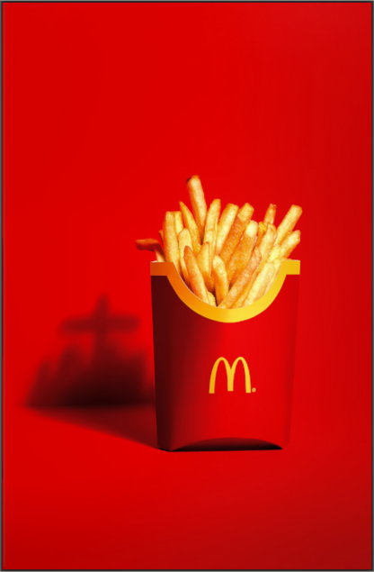 Main image Junk Food, junk food satirical print, McDonalds fries with cross shadow, golden fast food parody in warm yellows reds, ironic unhealthy series artwork, modern kitchen wall art