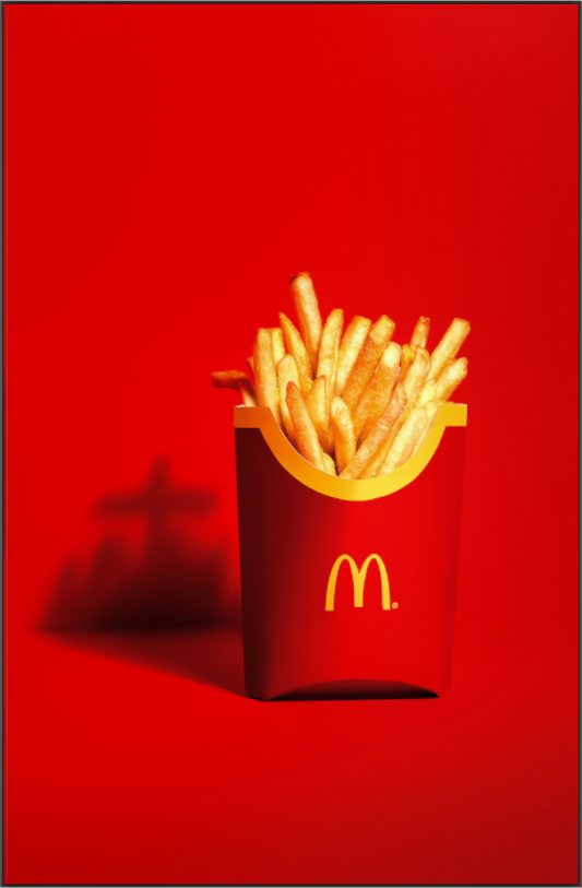 Main image Junk Food, junk food satirical print, McDonalds fries with cross shadow, golden fast food parody in warm yellows reds, ironic unhealthy series artwork, modern kitchen wall art