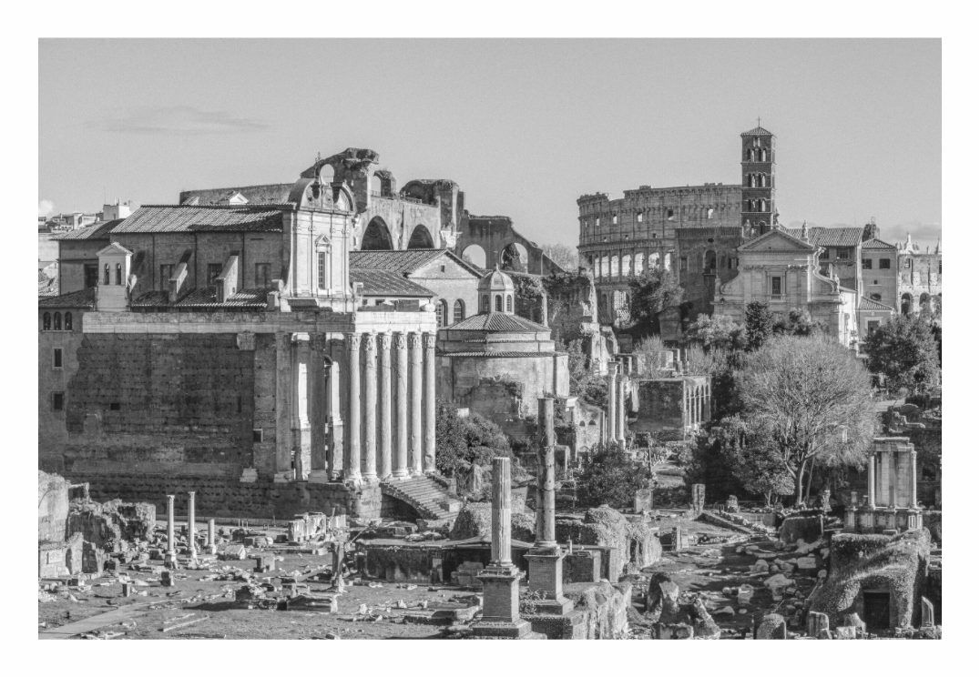 Black and white ruins of ancient buildings in a cityscape. Black and white architectural print of the world-famous Roman Forum in Rome, Italy, emphasizing the scale of the ancient ruins and columns.