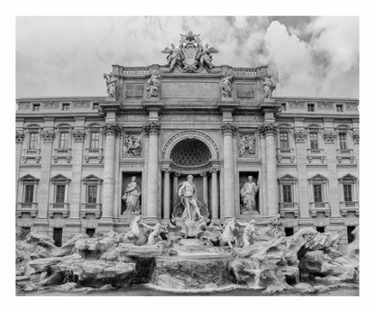 Famous fountain with statues in front of an ornate building, Black and white photo of the Trevi Fountain in Rome, Italy, highlighting the baroque sculptures and dramatic water flow.