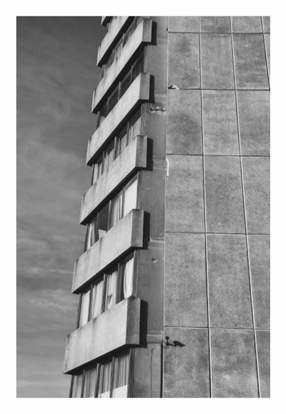 Black and white photograph of a tall building with geometric architectural design, black and white brutalist high-rise print in minimalist living room, towering concrete grid facade on gray wall, moody urban architecture photography, 