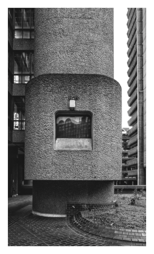 Main image The Barbican, brutalist London architecture print, The Barbican Estate towers, high contrast concrete skyline, fine art urban photography, minimalist wall art, window reflection