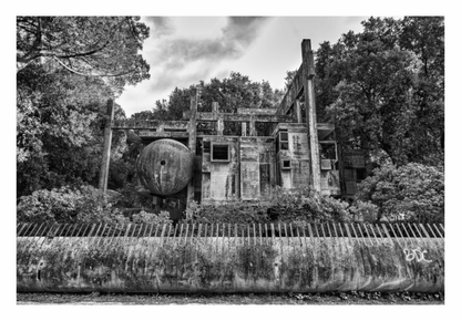Abandoned architectural structure surrounded by trees in black and white. Black and white architectural print of Casa Sperimentale in Fregene, Italy, showing the unique modernist, modular concrete structure of interlocking cubes.