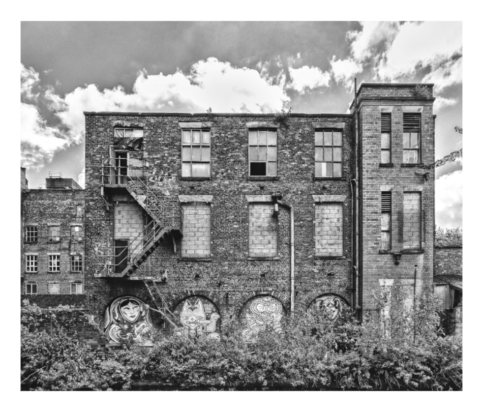 Main image Manchester canal warehouse, Manchester canal warehouse print, historic brick industrial architecture, urban street photography by misty waterway, fine art urban decor, minimalist wall art