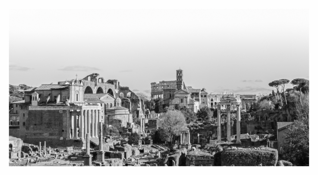 Black and white image of ancient Roman ruins with trees and buildings in the background, Monochrome landscape photograph capturing the wide expanse and iconic ruins of the Roman Forum.